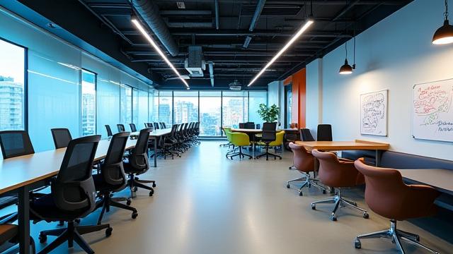 Moderne og innovativt kontorlandskap for en teknologibedrift.