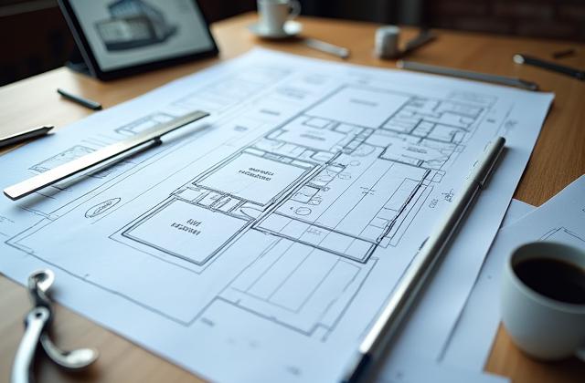 Plantegning av et renoveringsprosjekt på et arkitektbord med verktøy, profesjonell setting.