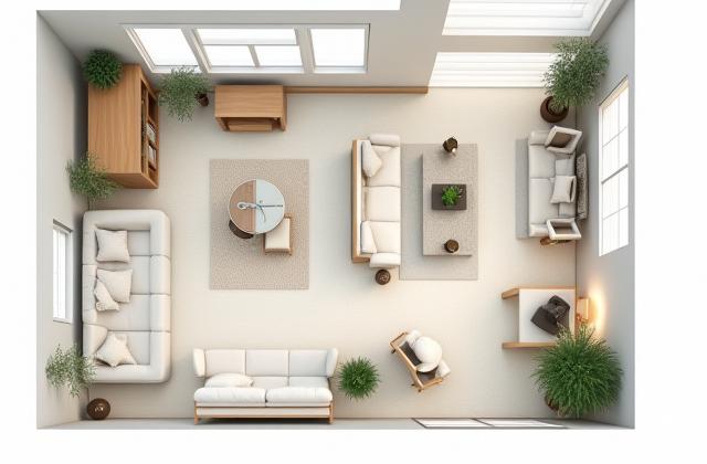 Oversikt over en moderne, åpen stue-/spisestue med optimal møbelplassering.